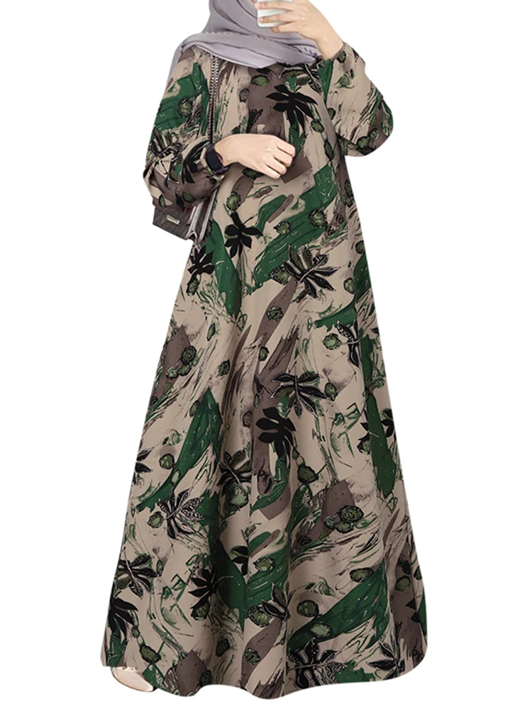 ZANZEA Vintage Muslim Abaya Turkey Hijab Sundress Robe Femme Long Sleeve Floral Printed Maxi Long Dress Kaftan Islamic Clothing