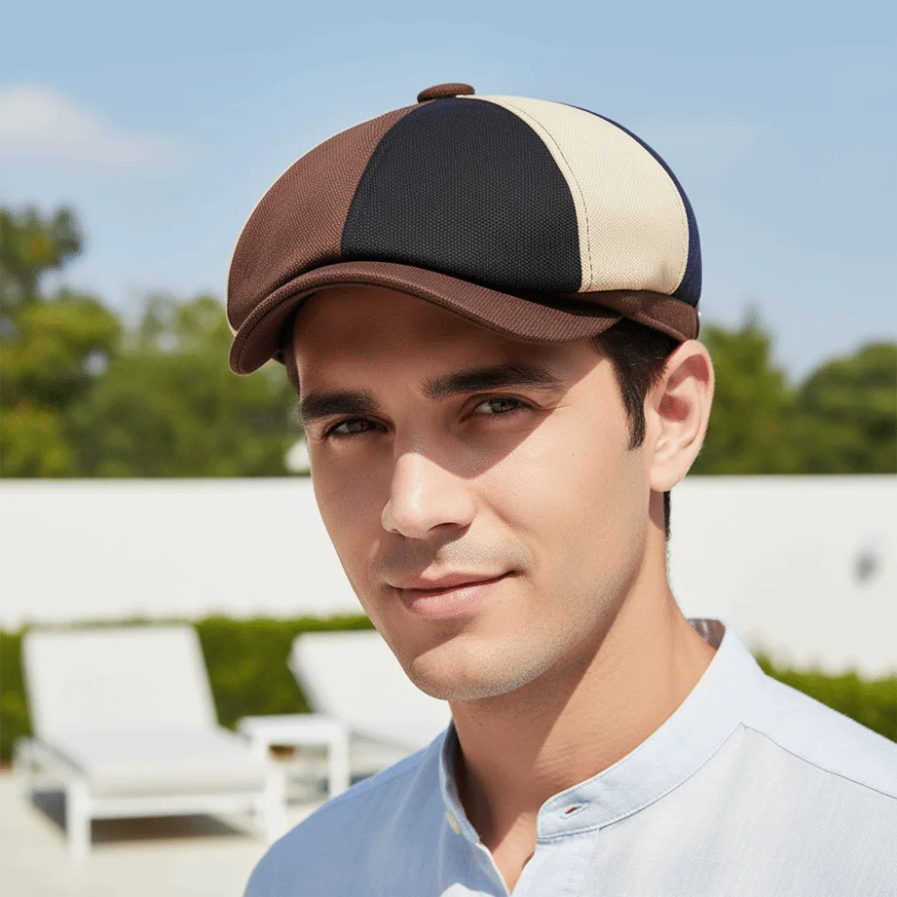 Lightweight Patchwork Newsboy Cap Breathable Fabric Short Curved Brim Colorblock Flat Hat Sweat-Absorbent Side Metal Snap Button