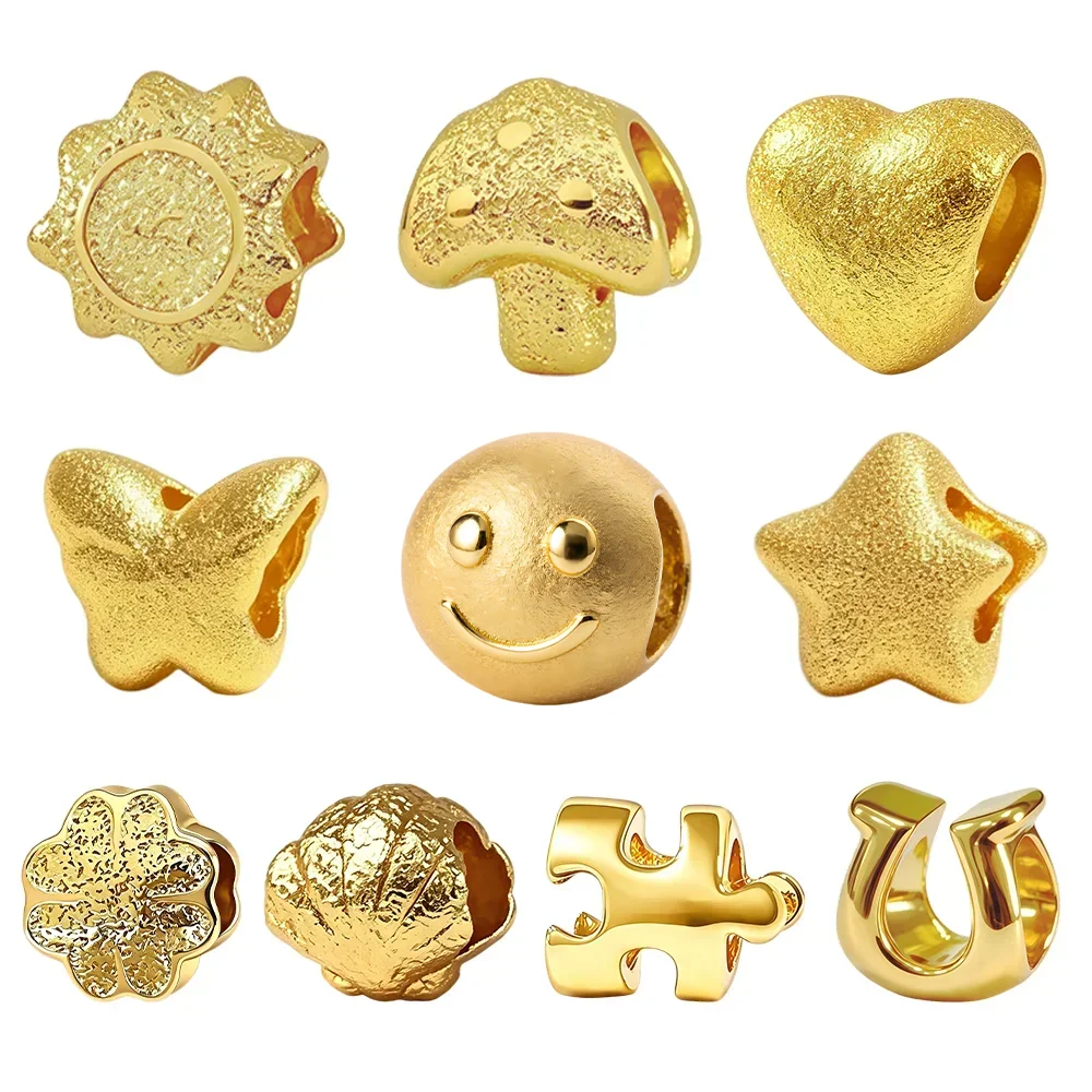 925 Silver Gold Smiley Face Puzzle Horseshoe Shell Sun Frosted Charms Beads Fit Bracelet Bag Keychain Fashion Jewelry Making