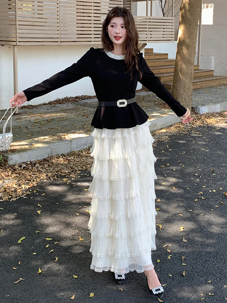 

Новый элегантный комплект из 2 предметов: черная блузка с жемчужным воротником и многоярусная юбка-макси с рюшами, нарядный костюм для вечеринок, весна