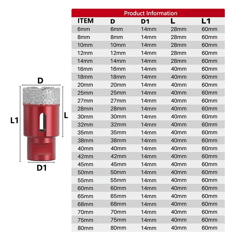 1pc 6mm-80mm Vakuum Gewinde Gelötete Loch Opener Bohren Core Bits M14 Rot Winkel Grinder für diamant Keramik Fliesen Granit Marmor – Detail 1