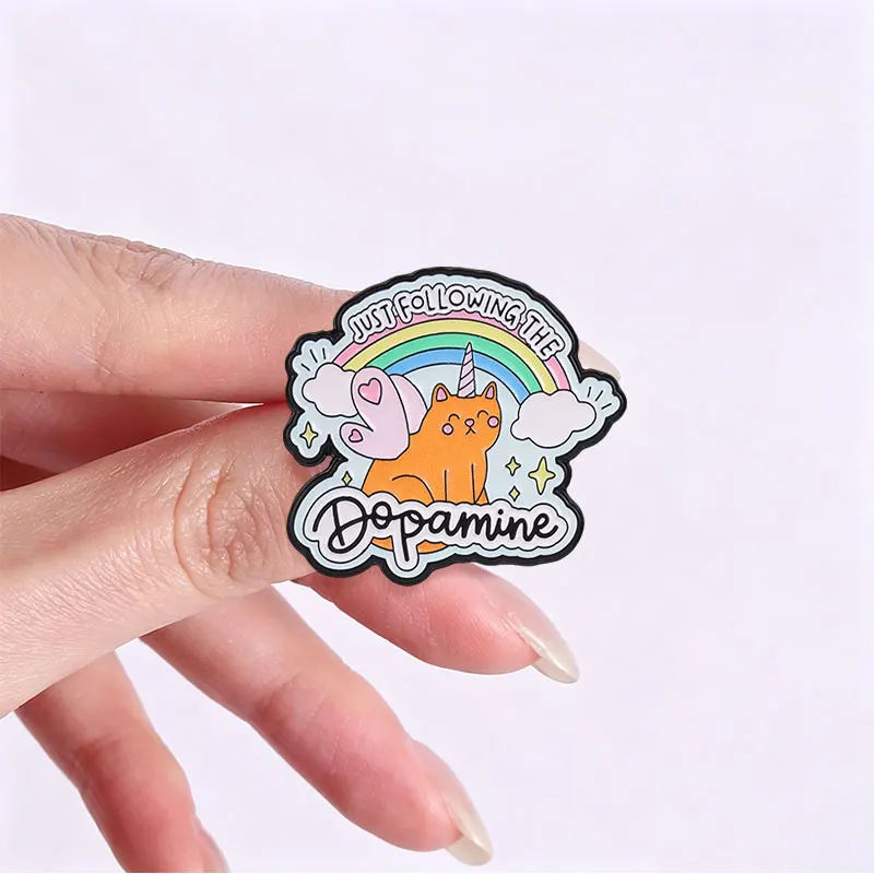 Just Following The Dopamine Enamel Badge Unicorn Cat With Rainbow And Clouds Alloy Pin Brooch Jewelry Gifts For Friends