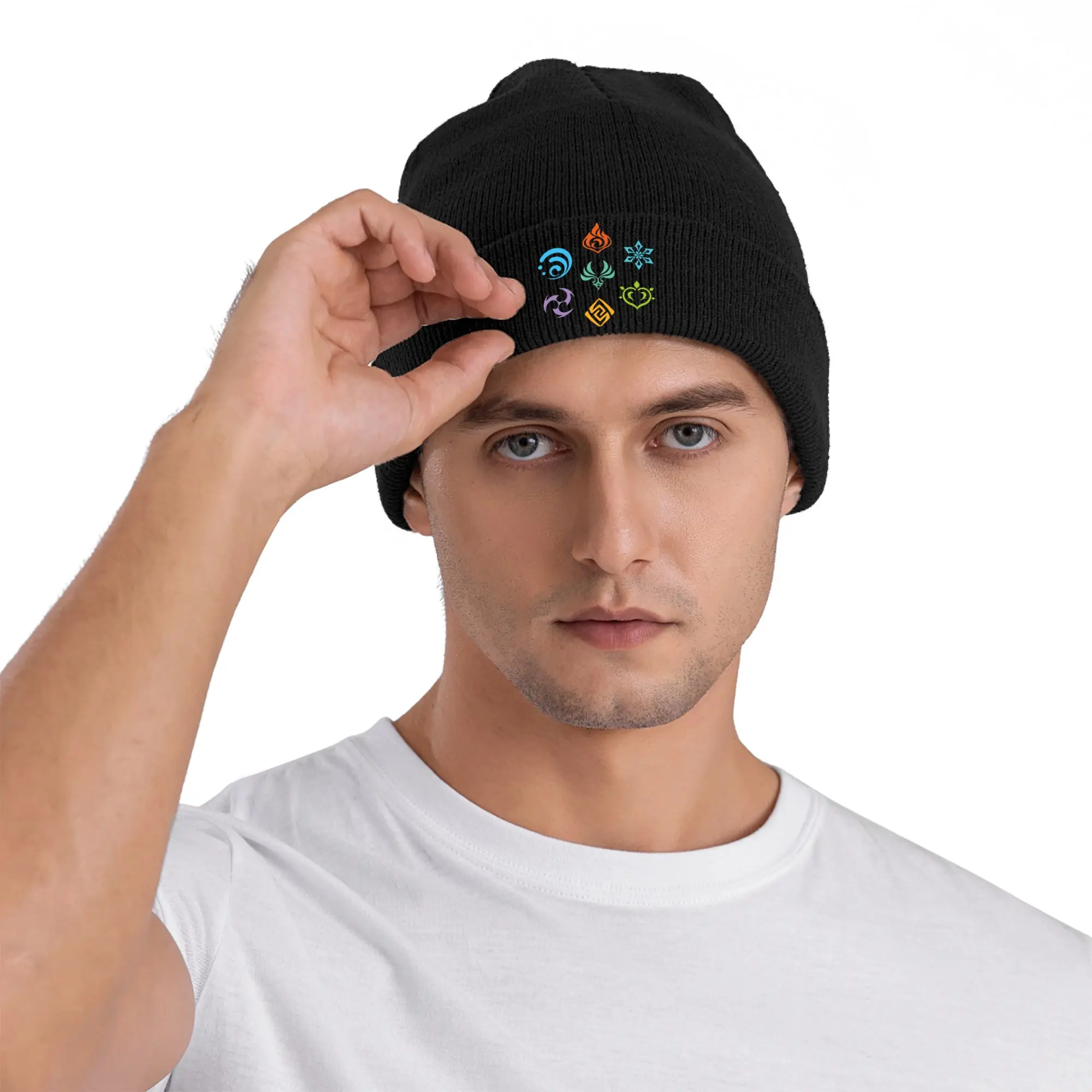 Genshin Impact Elements Knit Hat  Vintage Caps Men Women Unisex Hippie Beanie Hats Autumn Printed Head Wrap Bonnet Hats