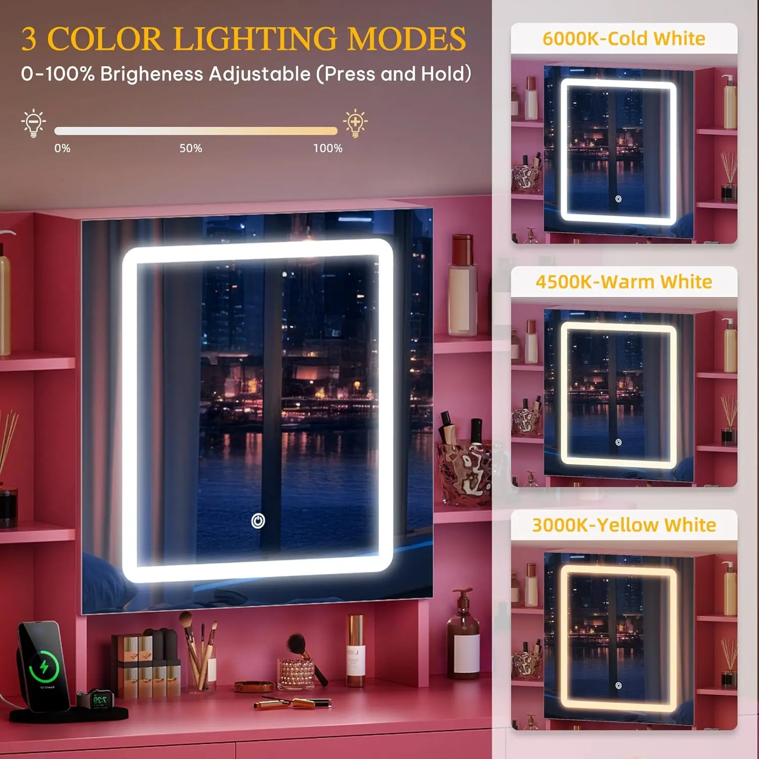 مكتب فانيتي مع مرآة وأضواء LED ومخرج طاقة، 3 أوضاع إضاءة قابلة للتعديل، مجموعة طاولة تزيين مع كرسي، طاولة مكياج