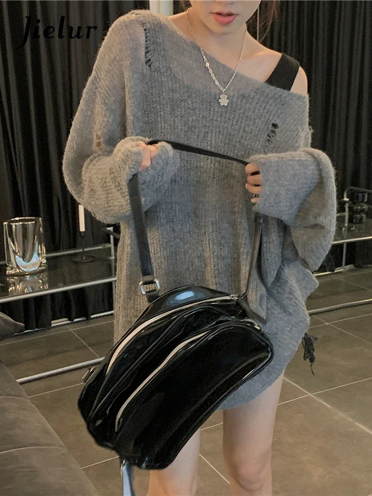 

Autumn New Loose Hole Women's Pullovers Casual Street Fashion Pullovers Woman Grey Pink Korean Chicly Pullovers Female