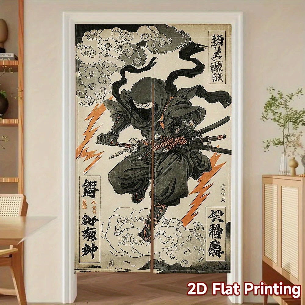 VIKAMA Retro Black Ninja Door Curtain, Japanese Samurai-Style Segmented Half-Door Curtain, Home Decor for Bedrooms and Kitchens