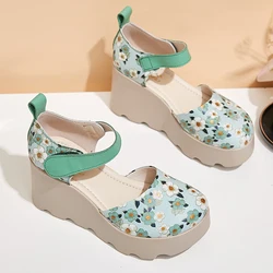 GKTINOO Women Sandals Genuine Leather 2024 New Summer Women Shoes hook & loop Retro Wedges Casual Print Platform Ladies Sandals