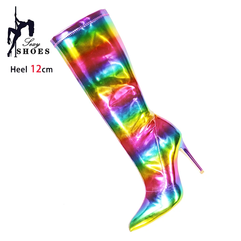 

Woman Rainbow Patent Leather Pointed Toe Thin Heel Long Boots Elegant Women's Party Shoes 12CM Knee-High Ladies High Heel Boots