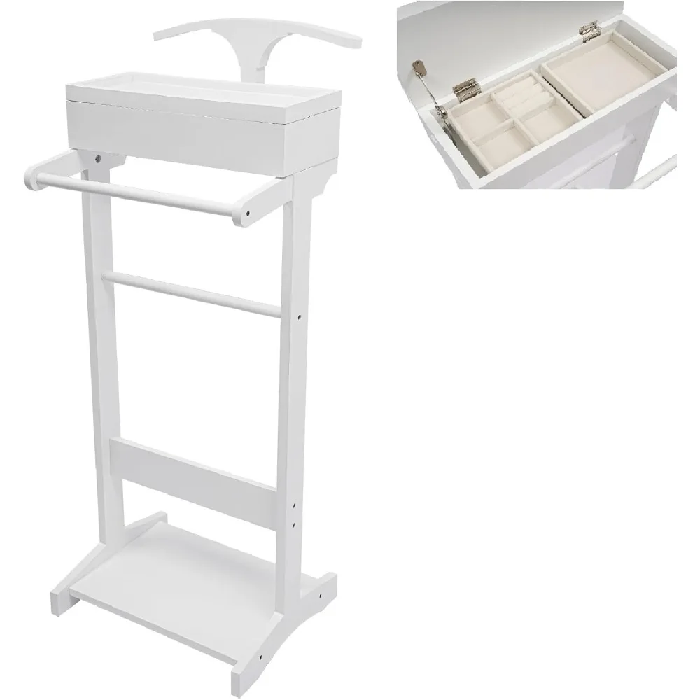 

Wood Mens Valet Stand Clothes with Shoe Shelf, Coat Hanger and Hat Rack, Freestanding Suit Stand&Clothes Butler Valet Stand