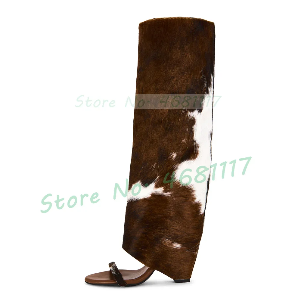 

Коричневые женские сапоги-трубы до колена из искусственного конского волоса с открытым носком, с принтом под коровью кожу, на высоком каблуке, с лоскутным дизайном, на массивном каблуке, без застежек