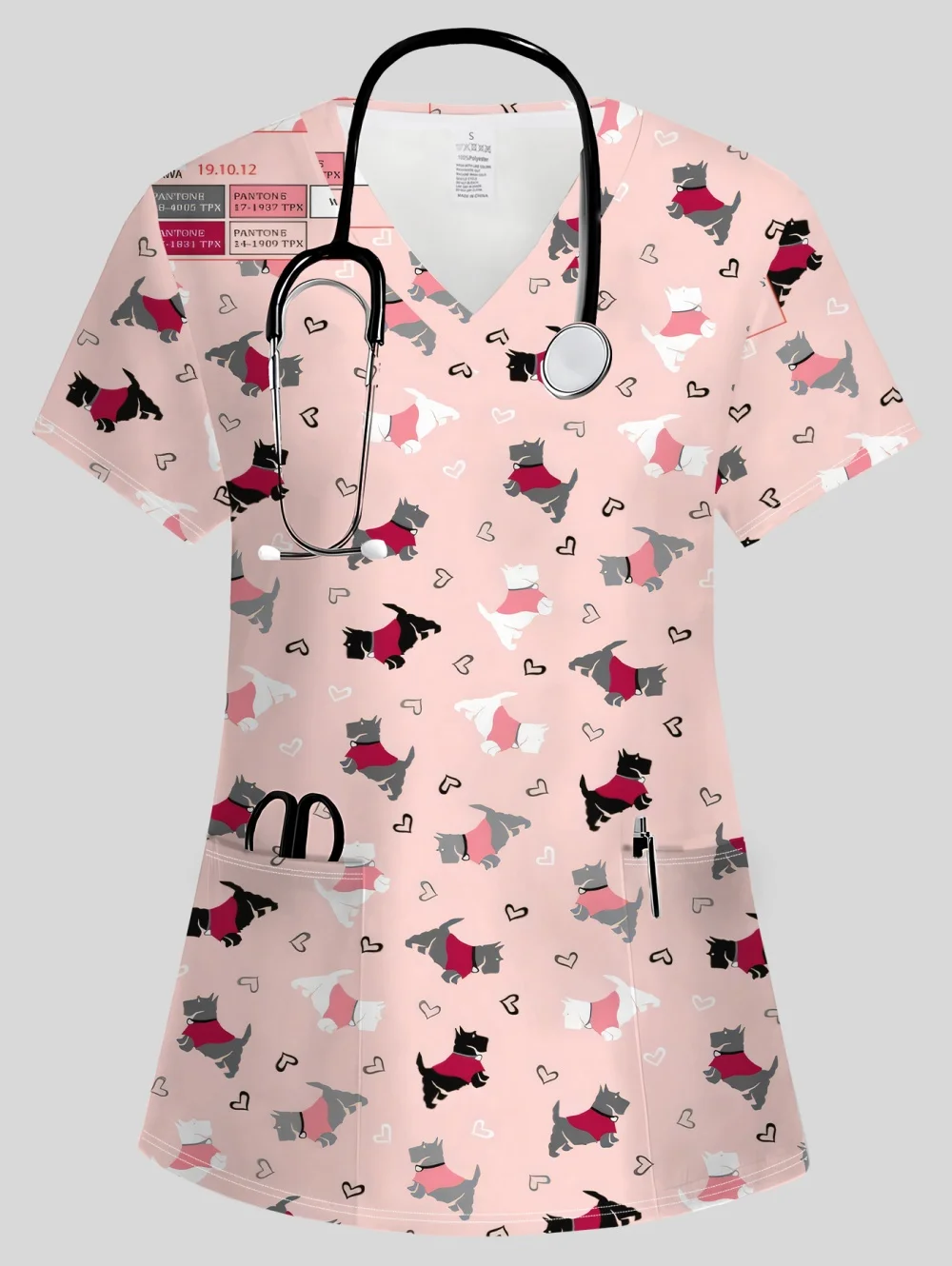 uniforme-medico-feminino-com-decote-em-v-e-manga-curta-blusa-com-bolso-e-estampa-de-cachorro-fofo-uniforme-de-enfermeira-e-dentista
