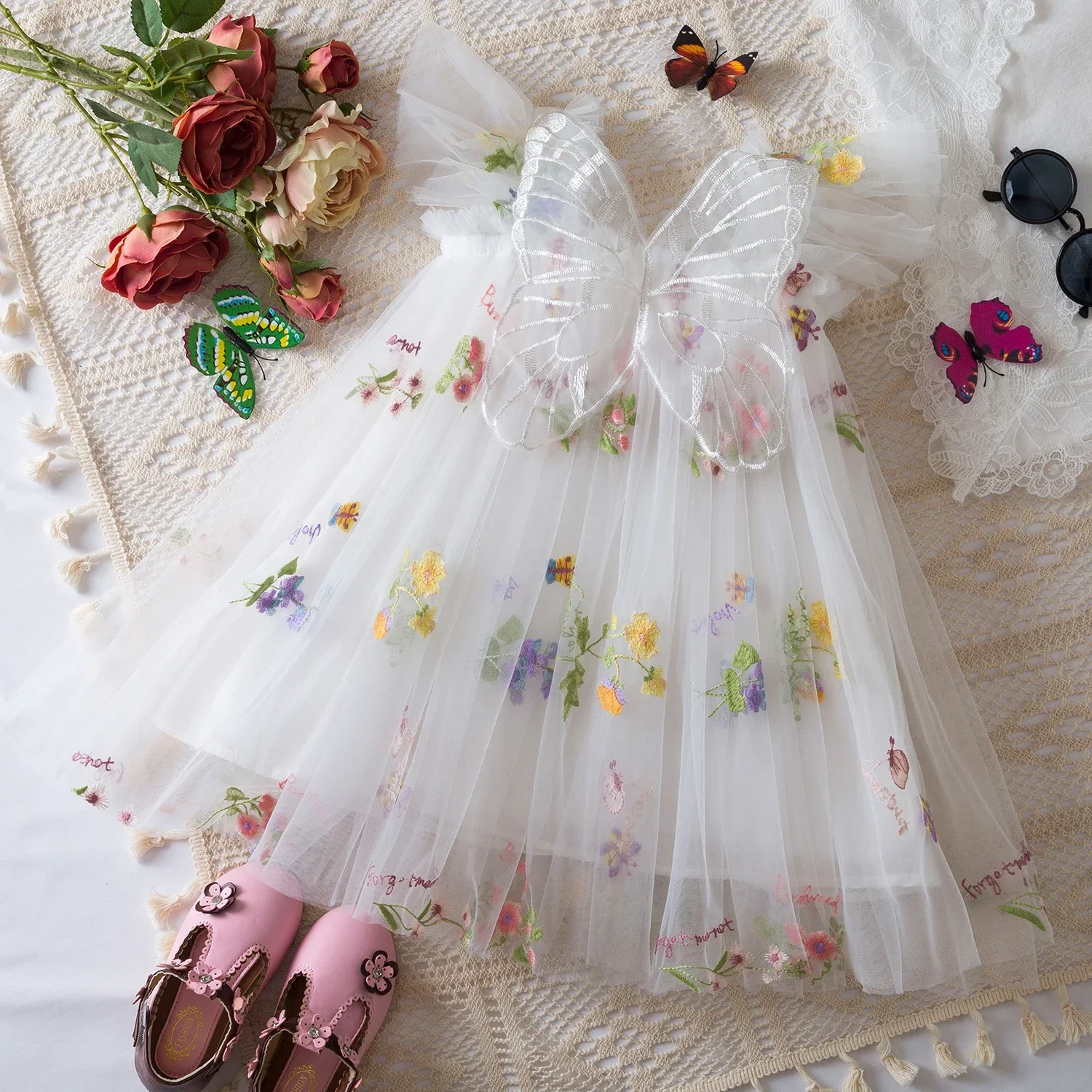 Toddler Baby Girls Party Dresses Back Butterfly Fairy Clothes Kids Lace Embroidery Mesh Tutu Infant Birthday Christmas Dresses