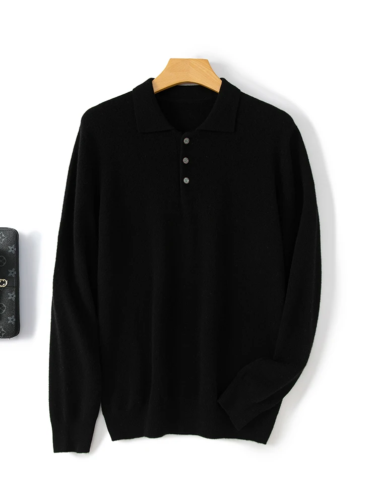 ANGEL Men's POLO Collar Sweater Long Sleeve Business Pullovers 100% Merino Wool Knitwear Autumn Winter Thick Shirt Basic Clothes