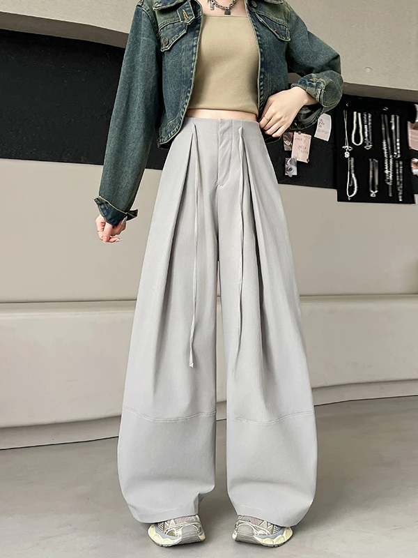 High Waist Straight Leg Knitted Wide Leg Pants Women's Casual Fibone Pattern Pleated Autumn New Sle Floor Length Sport Sw...