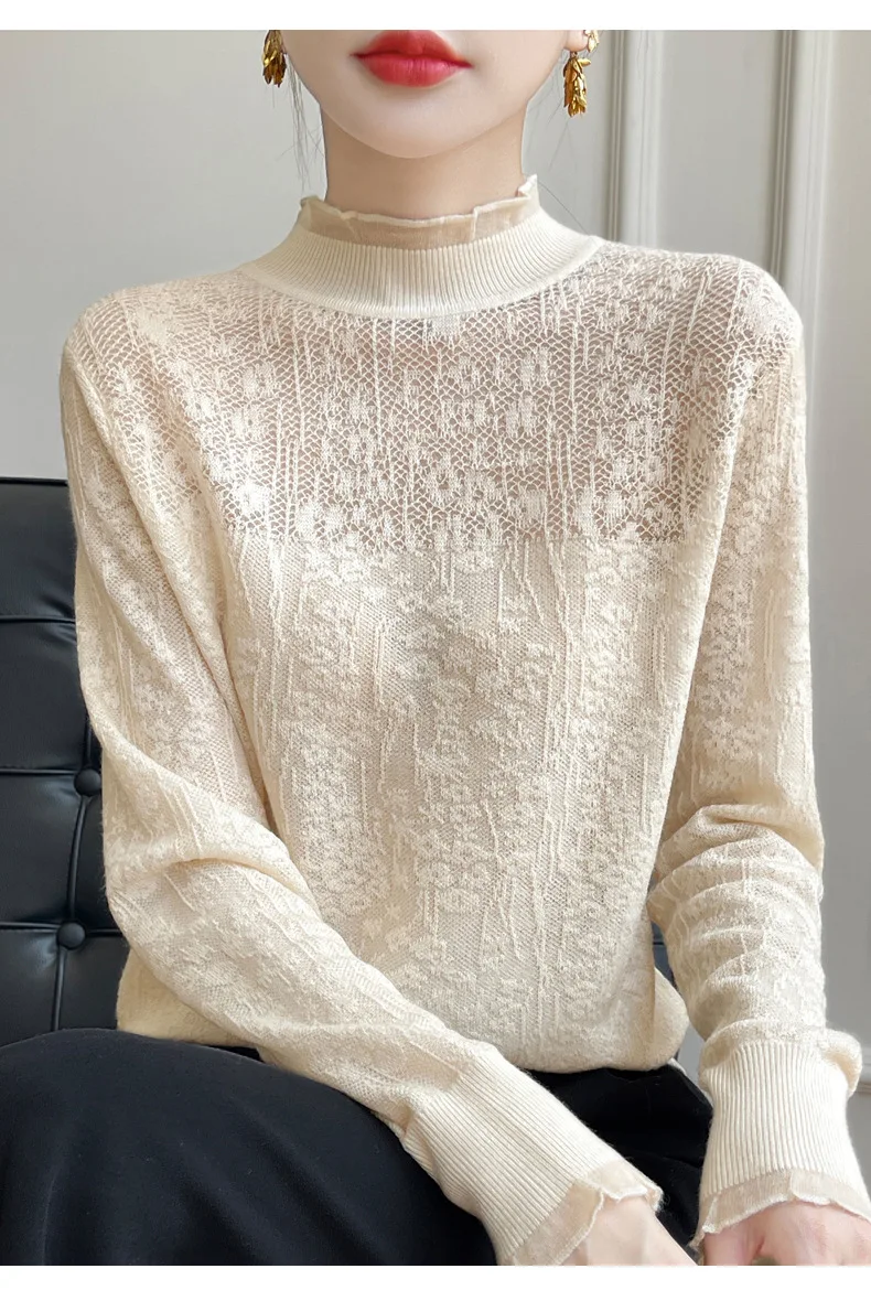 2025 French Autumn Winter Knitted Sweater mesh high Collar slim lace retro T Shirt transparent bottom blouse hollow outfit