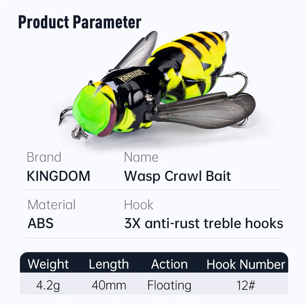 Kingdom Wasp Crawl Bait Artificiale 4.2g 40mm Galleggiante Insetto Bionic Richiamo di Pesca Swimbaits Esche Dure Bass Carpa Luccio Pesca