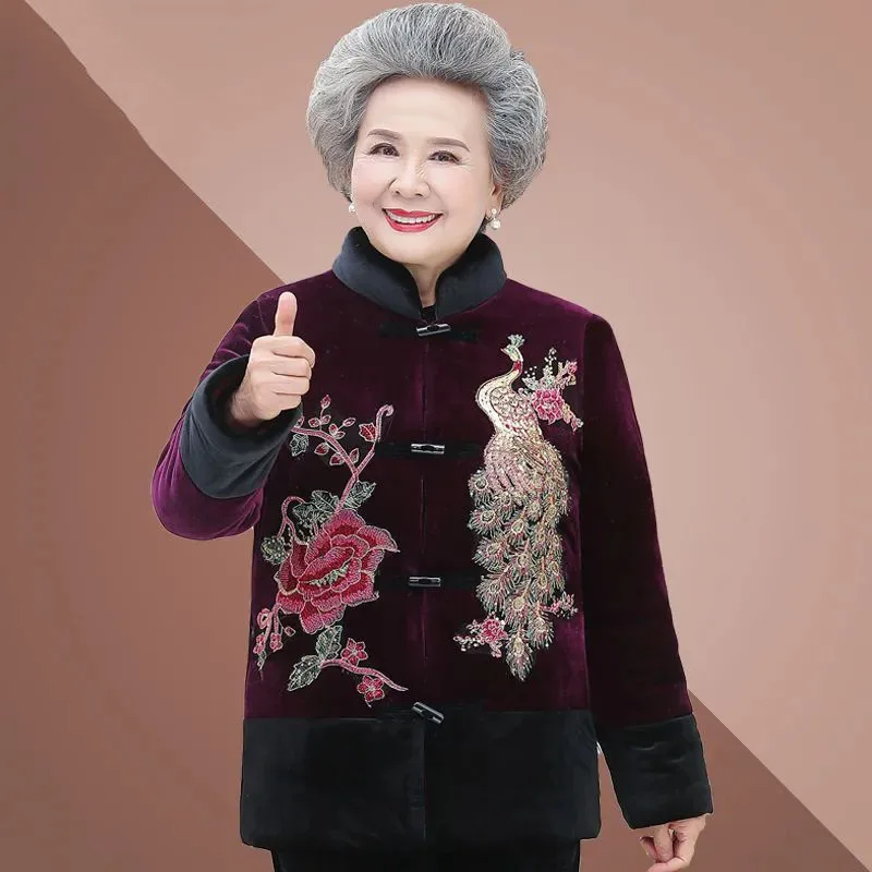 Middle Aged Elderly Grandma Cotton Coat Winter O-Neck Long Sleeve Printed Mother Outwear Jacket Female Parkas