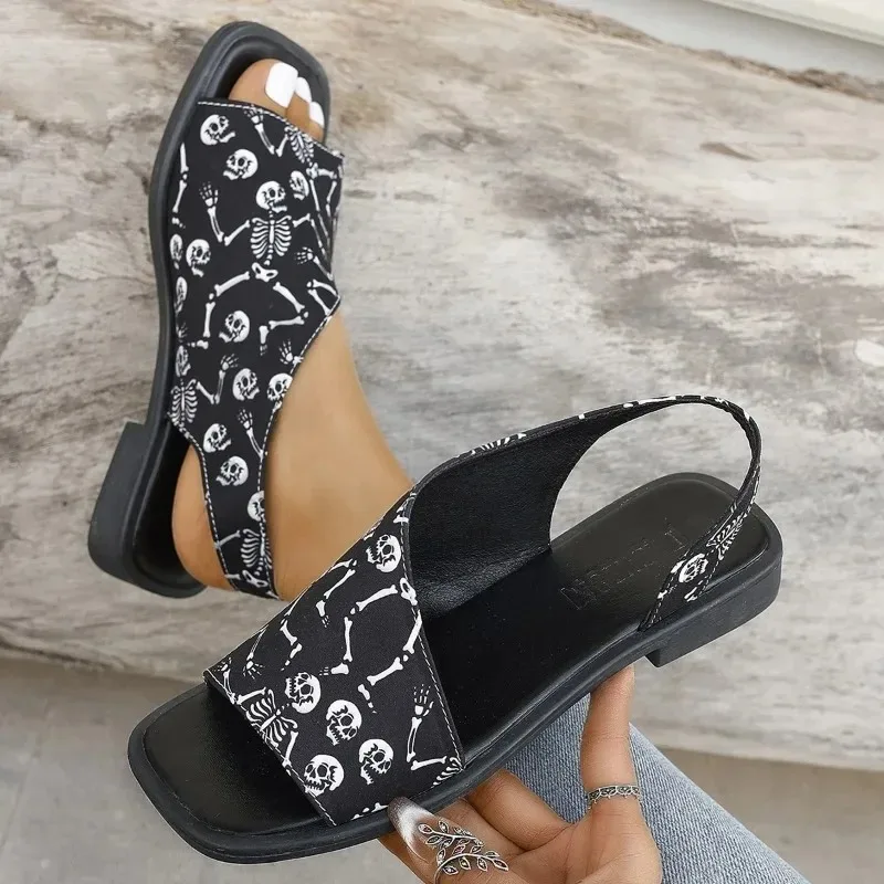 Women Sandals New Summer Shoes for Women Street Fashion Skull Print Women Sandals Lightweight Comfortable Slip-on Casual Sandals