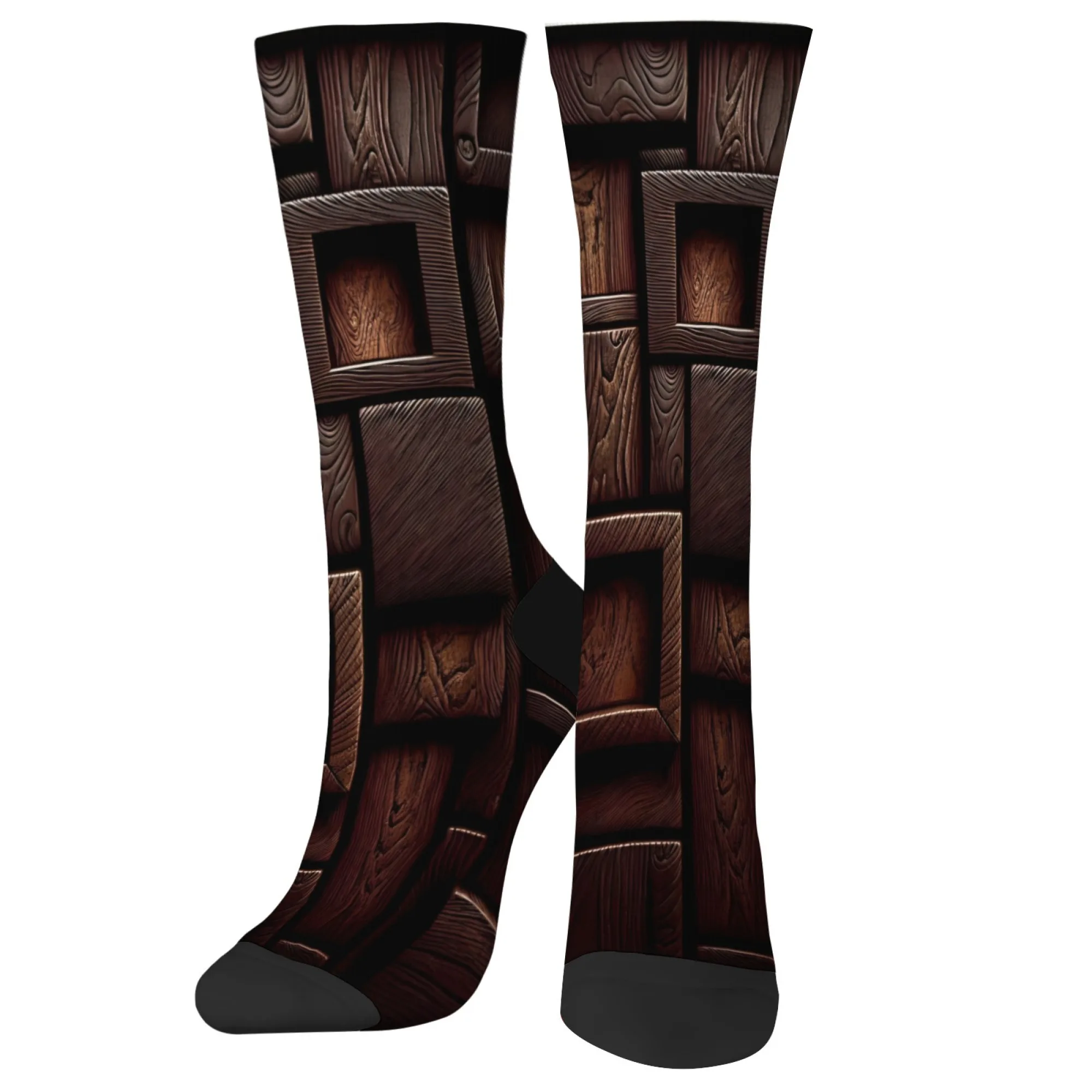 زوج واحد من الجوارب الرياضية المطبوعة الخشبية الإبداعية الرجعية ثلاثية الأبعاد للرجال، جوارب كرة السلة الطويلة للخريف والشتاء