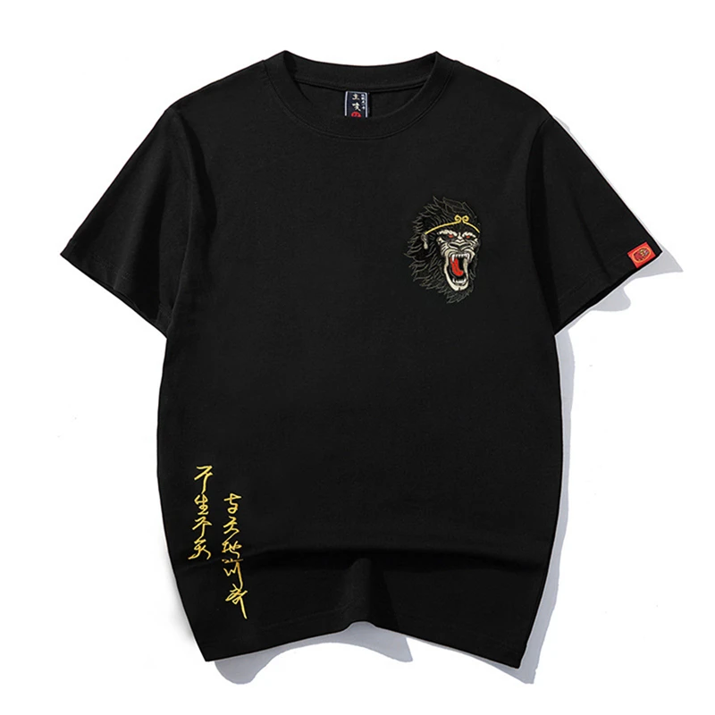 Lyprerazy Chinese Style Embroidery Monkey Head Short-sleeved T-shirt Summer National Tide Cotton Loose Men's Tee Shirt