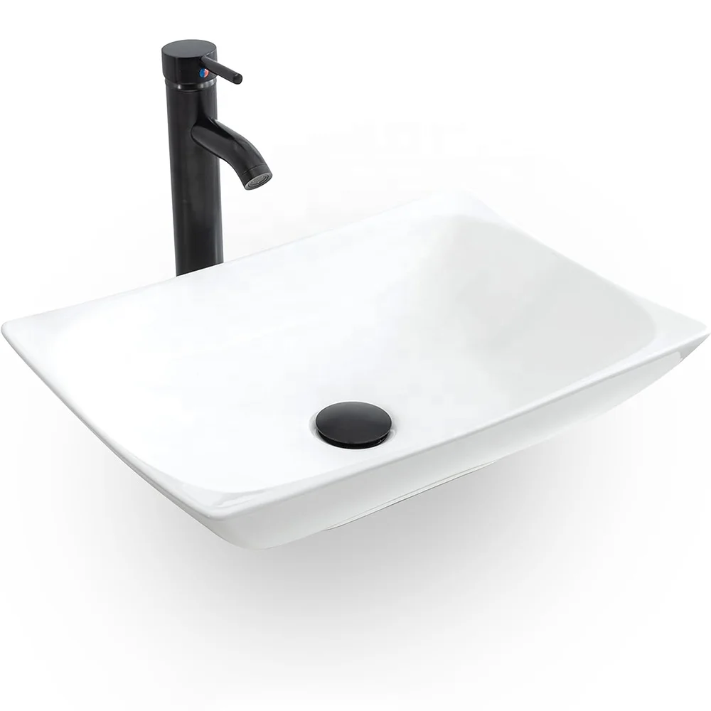 * Square Minimalist Design White Classic Curved Porcelain Vessel Countertop Ceramic Bathroom Sink