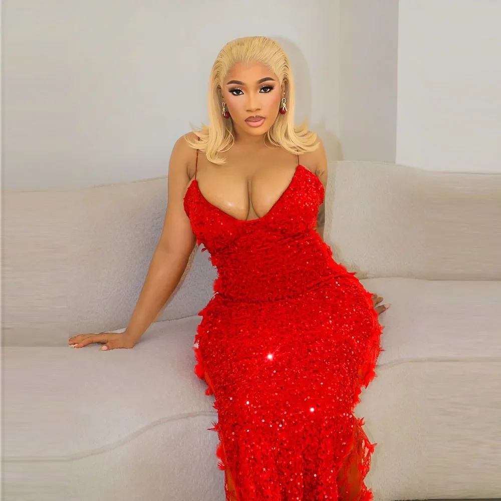 섹시한 크리스마스 레드 머메이드 프롬 드레스, 스파게티 스트랩, 스팽글 & 레이스 장식, 섹시한 머메이드 이브닝 파티 드레스