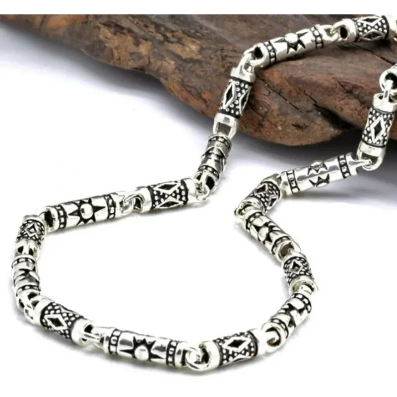 Real S925 Silver Jewelry Sun Ray Barrel Beads Men And Women 4Mm Retro Ethnic Style Stitching Necklace For Man