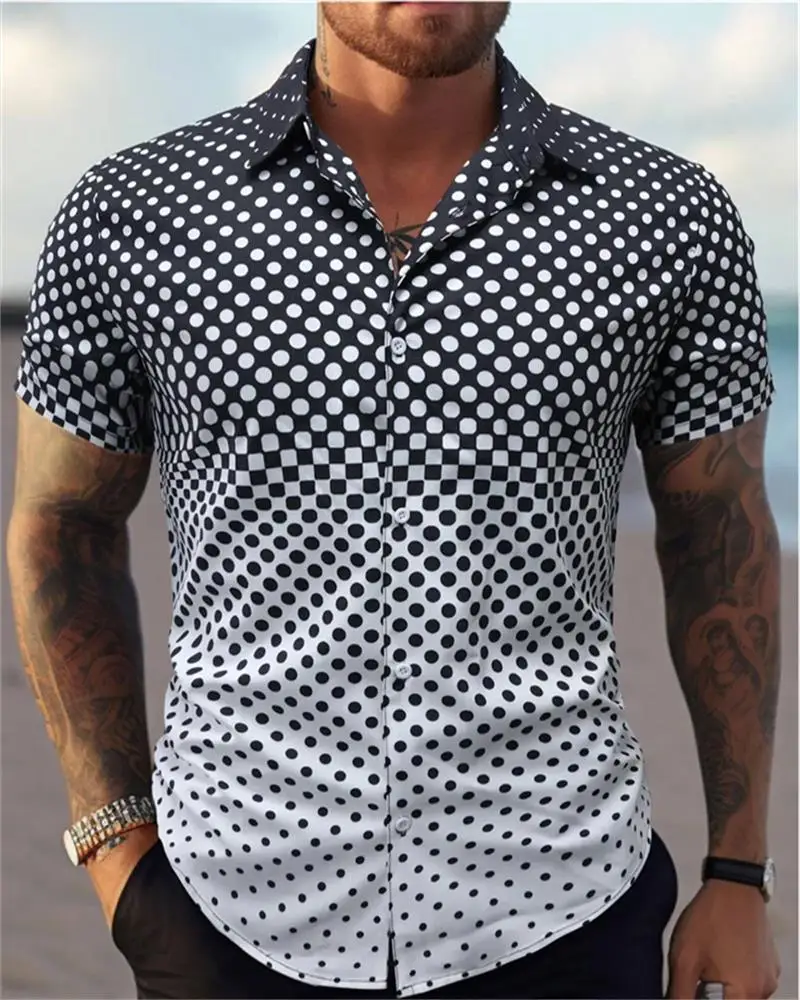 2024 Men\'s Color Block 3D Printed button-down Lapel Short Sleeve Shirt Large Size 5XL High quality Hawaiian Beach shirt Top