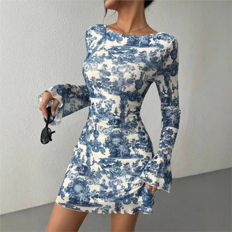 

2025 Vintage Print Bodycon Dress Elegant Flare Long Sleeve Slim Fit Mini Dress Sexy Backless Boho Chic Party Dress Women Outfit