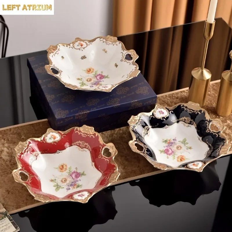 Gold Gilt European Style Porcelain Fruit Bowl Luxury Home Decor Decorative Tray Centerpiece for Living Room Table Ceramic Plates