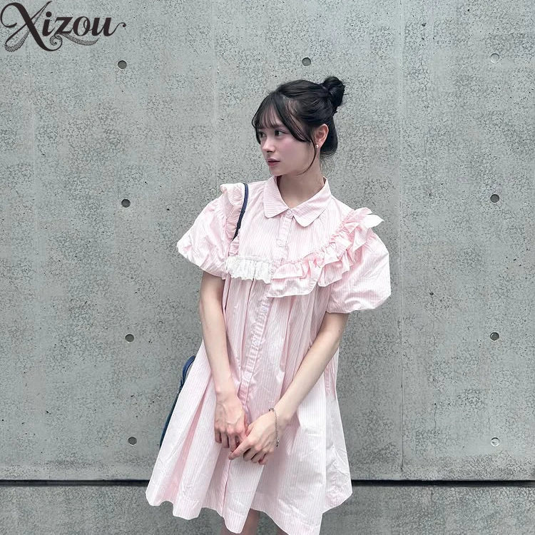 일본식 가슴 프릴 신선한 줄무늬 버드 짧은 소매 드레스 여성용 여름 허리 치핑 캐주얼 셔츠 드레스 Sweet