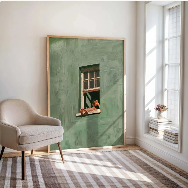 Frau liest im Fenster, Leinwanddruck, moderne Kunstillustration, hochwertige Heimdekoration für Schlafzimmer, Wohnzimmer – Detail 6