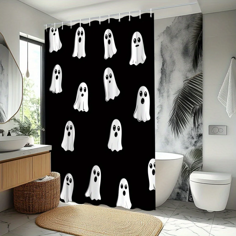 Halloween Cartoon Shower Curtain High Quality Polyester Bathroom Decor with Playful White Ghosts on Black Background