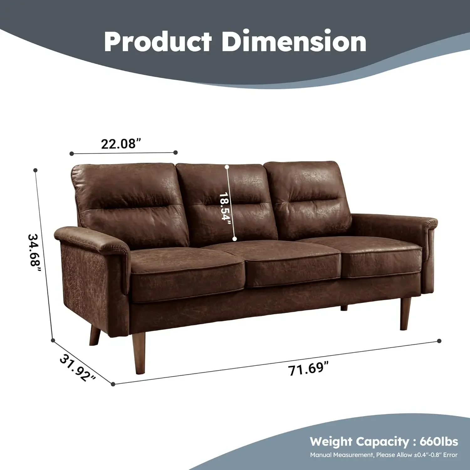 

71" Brown Faux Leather Couches for Living Room,Mid-Century Modern 3 Seater Sofa Couch,Comfortable Deep Seat Loveseat Couch