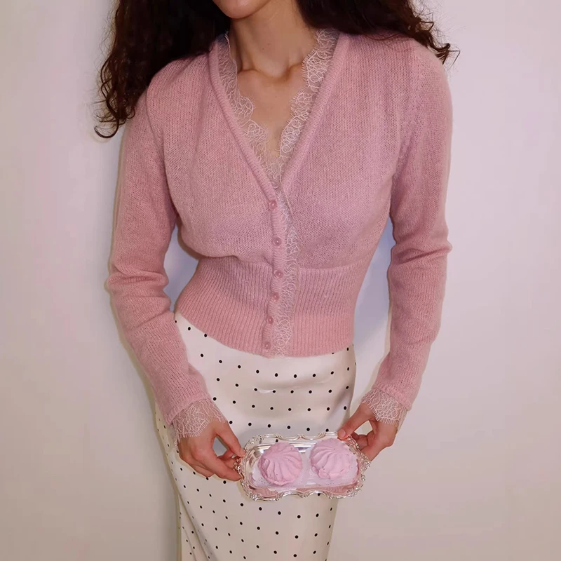 

Tornova V Neck Lace Knitted Cardigan Women's Mohair Fashion Long Sleeve Slim Top Hgih Waist Slim Buttons Sweater Coat 2026 New