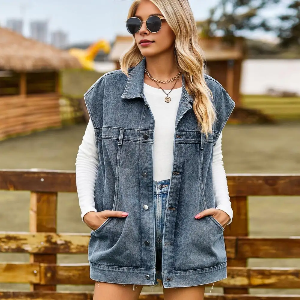 Single-breasted Denim Vest Stylish Women's Denim Vest with Big Pockets Single-breasted Design Casual Sleeveless for Streetwear