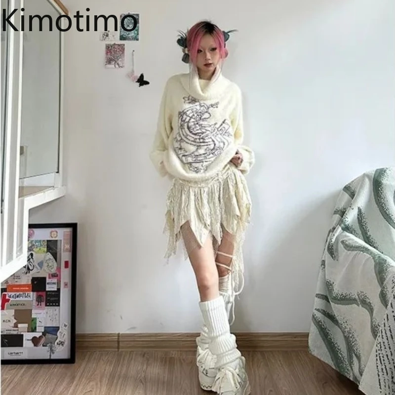 

Kimotimo американский ретро жаккардовый свитер женский осень-зима новая водолазка свободные вязаные пуловеры Harajuku модный джемпер Y2k