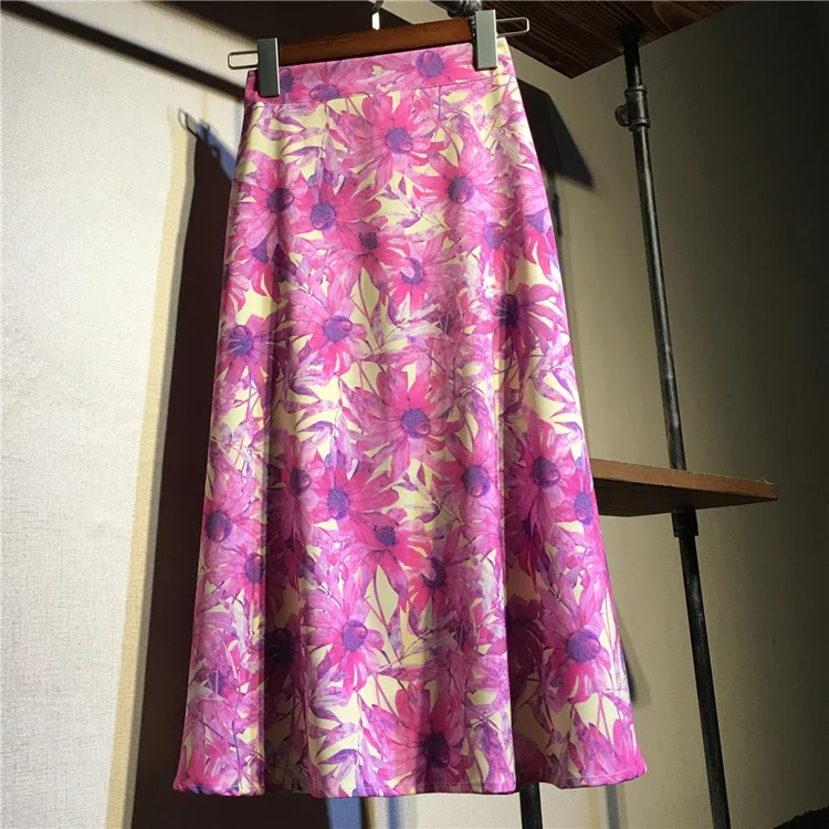 Spring Summer Sunflowers Pink A-line Long Flared Skirts for Women