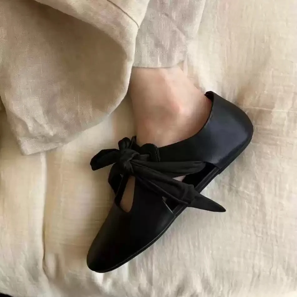 Smooth Leather Round Toe Hollow Cutout Bow Tie Strap Mary Jane Flats Ladies Office Daily Soft Comfy Minimal Chic Walk Footwear