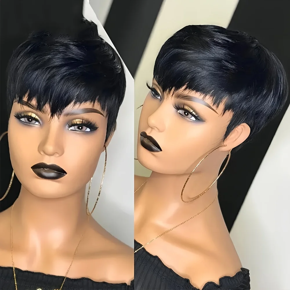 150% Density Pixie Cut Wig - Natural Black Human Hair with Bangs, Glueless Brazilian Layered Short Wig for Women, Breathable & C