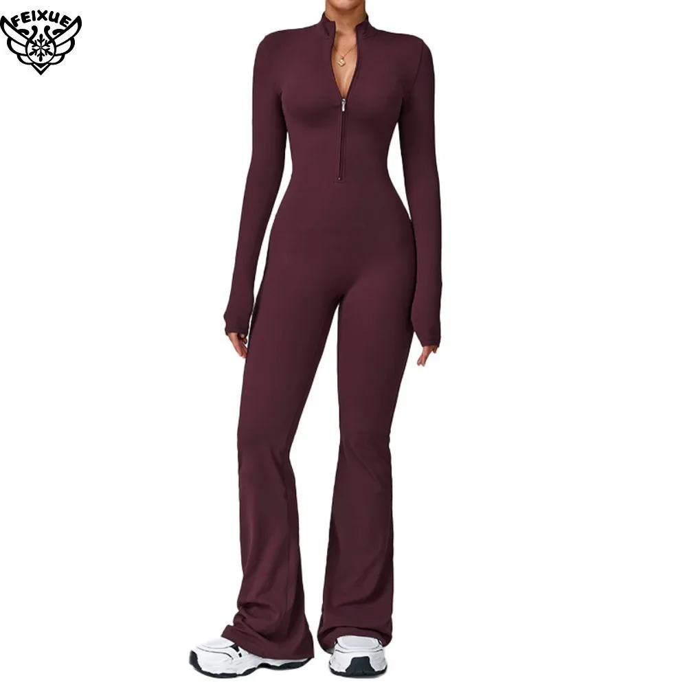 جديد الخريف/الشتاء المرأة قطعة واحدة اليوغا بذلة طويلة الأكمام الجبهة زيبر عالية الكثافة اللياقة البدنية مضيئة ارتداءها تجريب الملابس #5