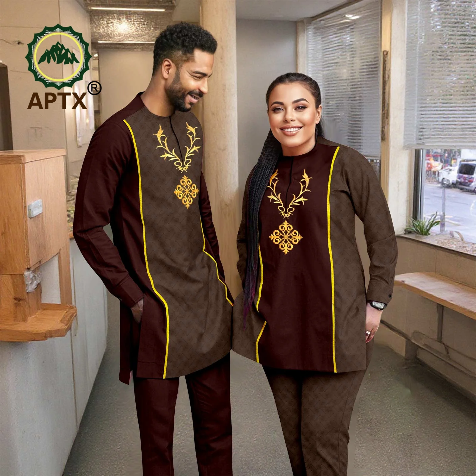 بدلات الزوجين الأفريقية المذهبة الدانتيل مطابقة رداء للرجال مجموعة النساء فستان Agbada ملابس الزفاف مساء ارتداء اليومي