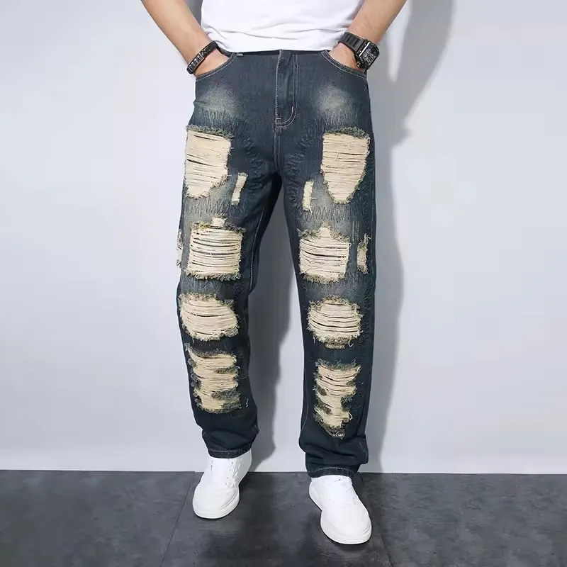 Celana Jeans Kaki Lebar Pria Celana Lurus Merek Trendi Celana Jeans Gaya Baru Sobek Pengemis Celana Panjang Reguler Pria Nyaman Sejuk
