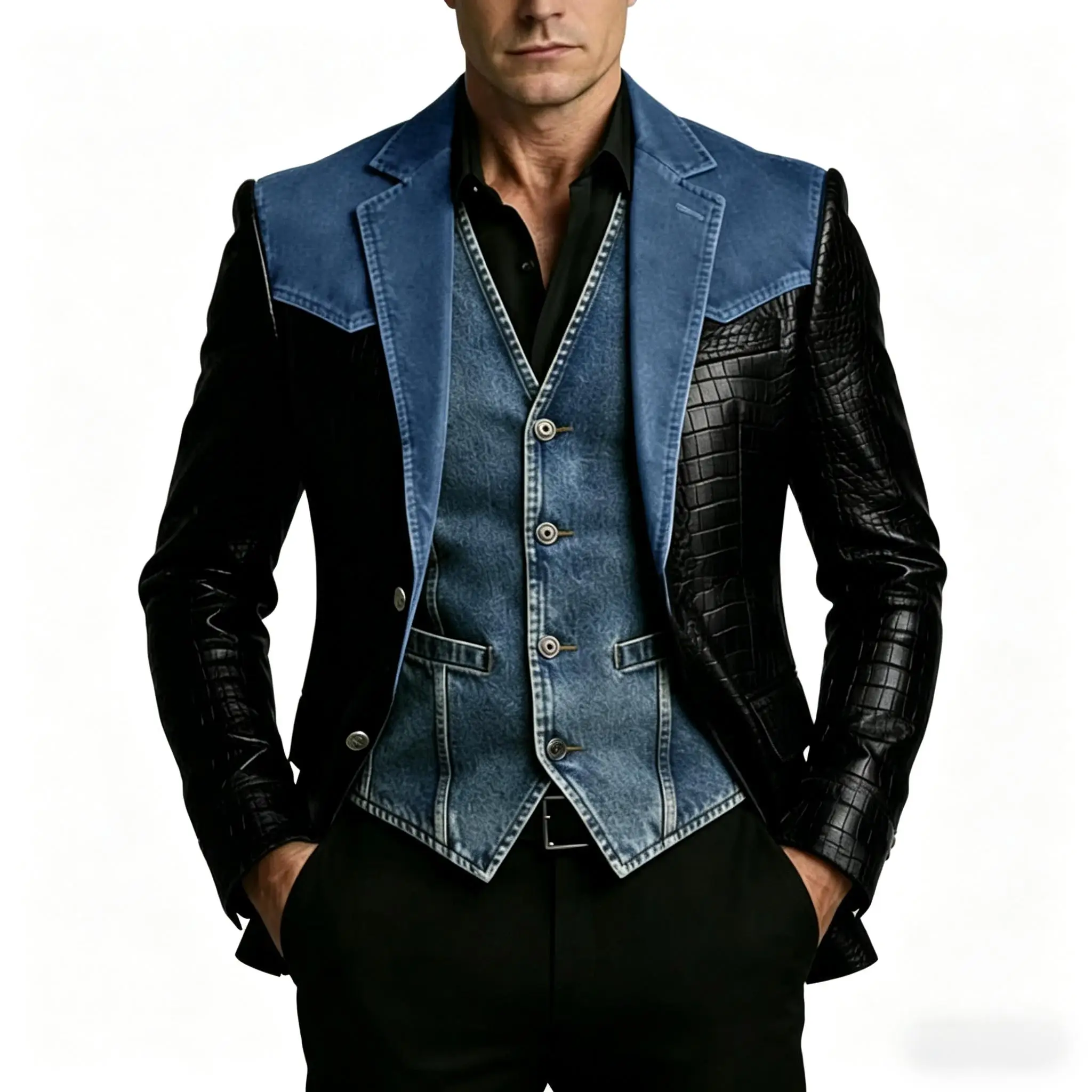 

Men's Denim Crocodile Leather Patchwork Blazer Vintage Western Style Suit Jacket Fashion Croc Texture Denim Leather Coat for Men
