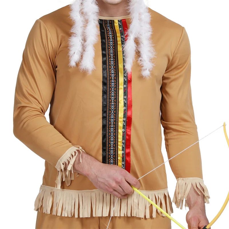 2022 Men Cheap Native American Halloween Party Costume Indian Primitive Hunters Cosplay Suits Carnival Easter Purim Fancy Dress