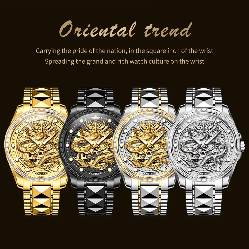 OUPINKE Men\'s Watches Luxury Top Brand Automatic Watch for Man Original Mechanical Movement Hollow Dragon Dial Waterproof