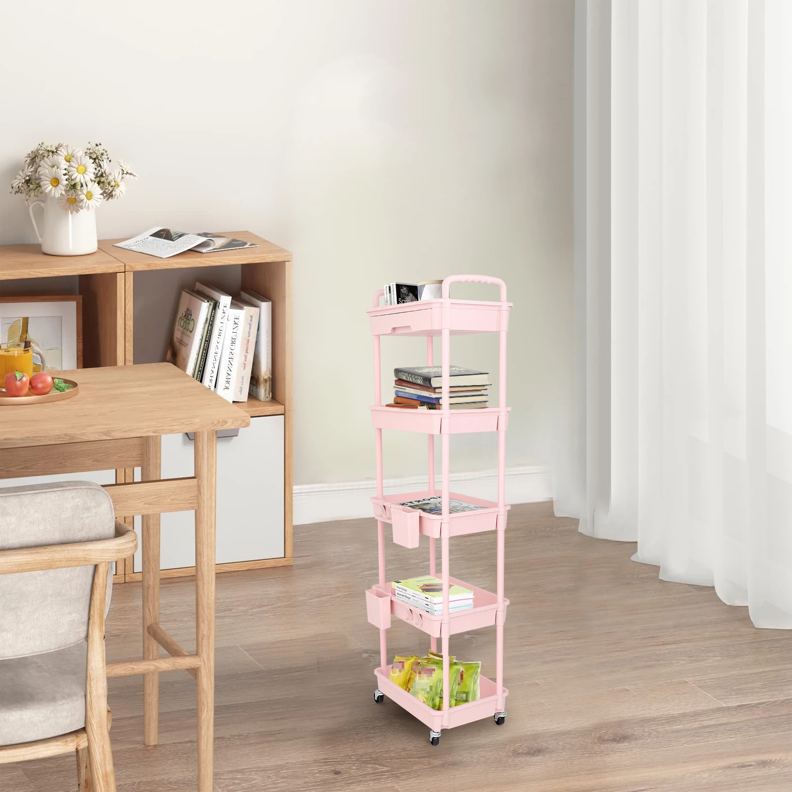 5 Tier Rolling Utility Cart with Drawer,With Drawer & Extended Poles,With Plastic Shelf & Lockable Wheels,Smooth Mobility