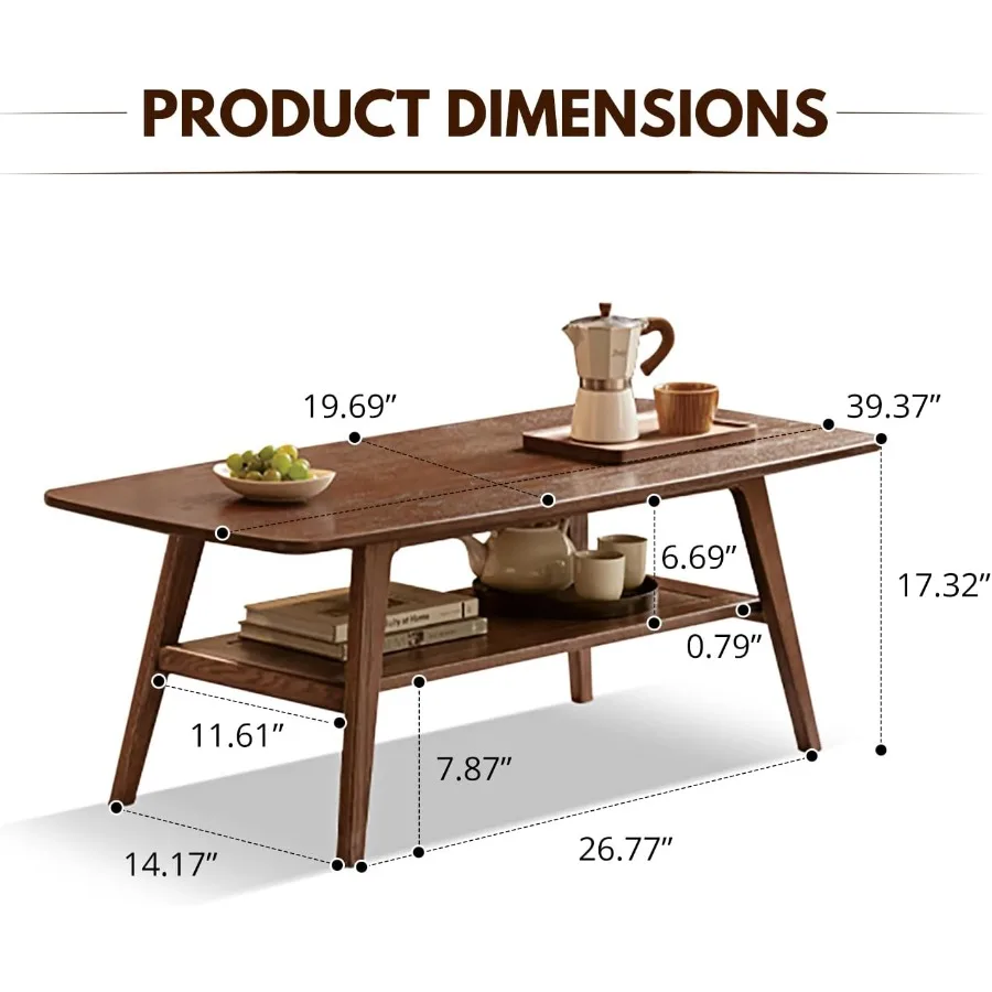 Living Room Solid Wood Coffee Table with Storage Shelf, Natural Finish, Rustic Charm and Ample Storage Space