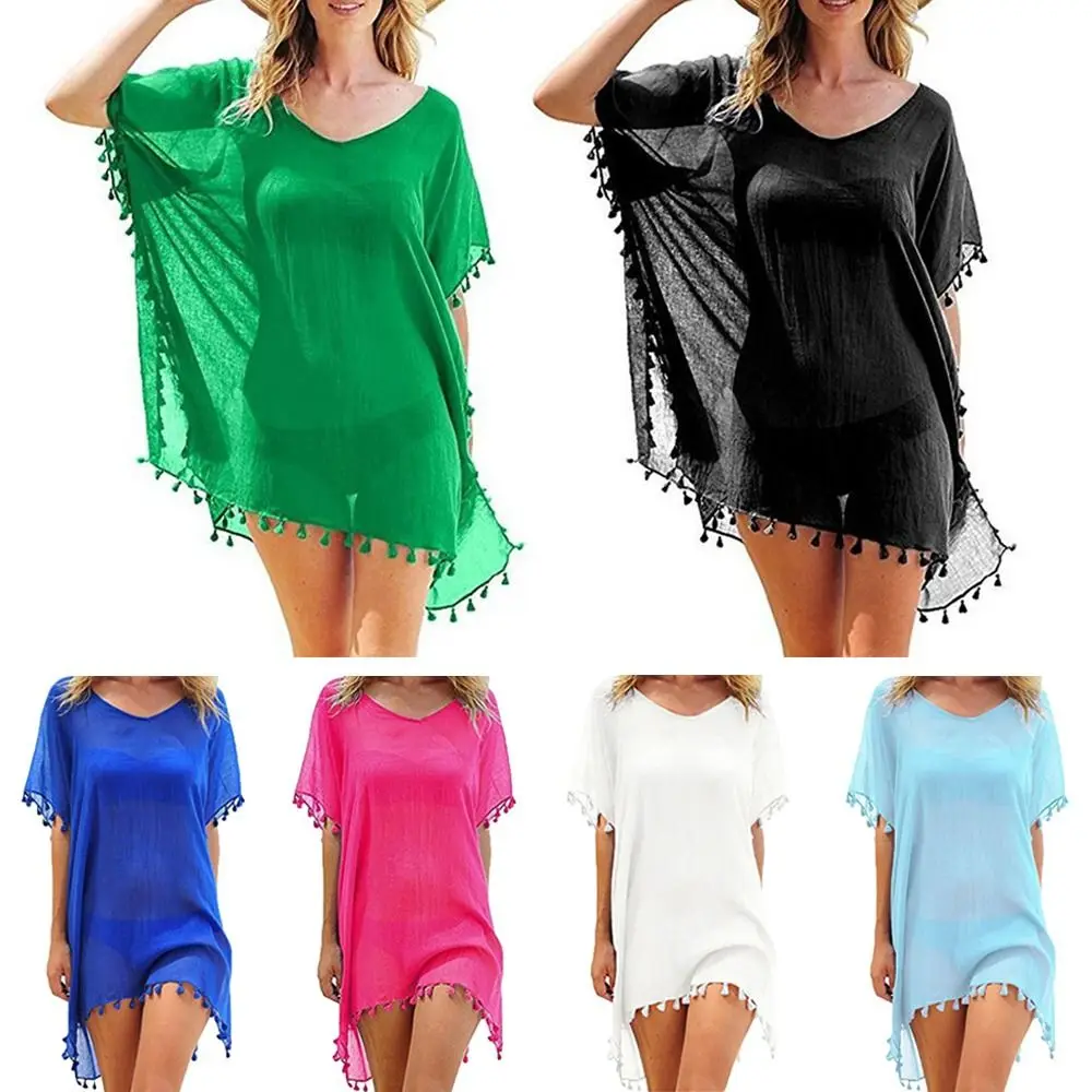 Fashion V Neck Summer Sunscreen Smock Plus Size Casual Swimsuit Cover Up Dress Bathing Suit Vacation Beachwear Shirt for Women
