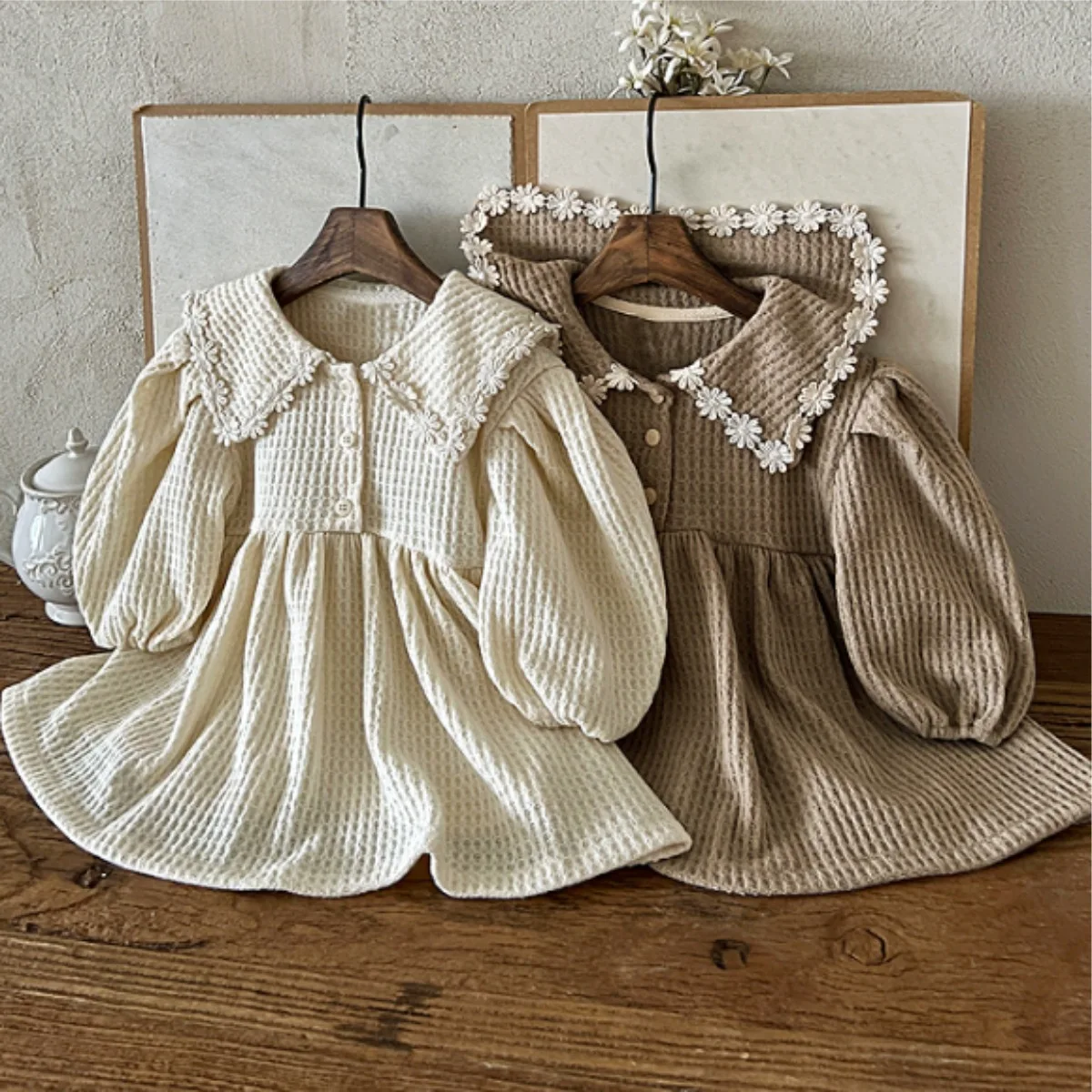 

2025 Spring New Baby Girl Lace Flower Lapel Dress Infant Long Sleeve Waffle Casual Dress Girls Princess Dress Toddler Clothes